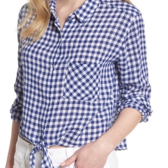 Rails Tops - Rails Gingham Linen Blue White Val Tie Shirt Large